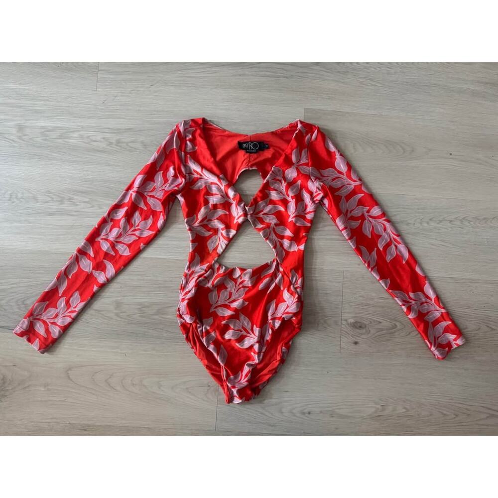PatBo Women’s Medium Red Floral Cutout Long Sleeve One Piece Swimsuit - Picture 2 of 10